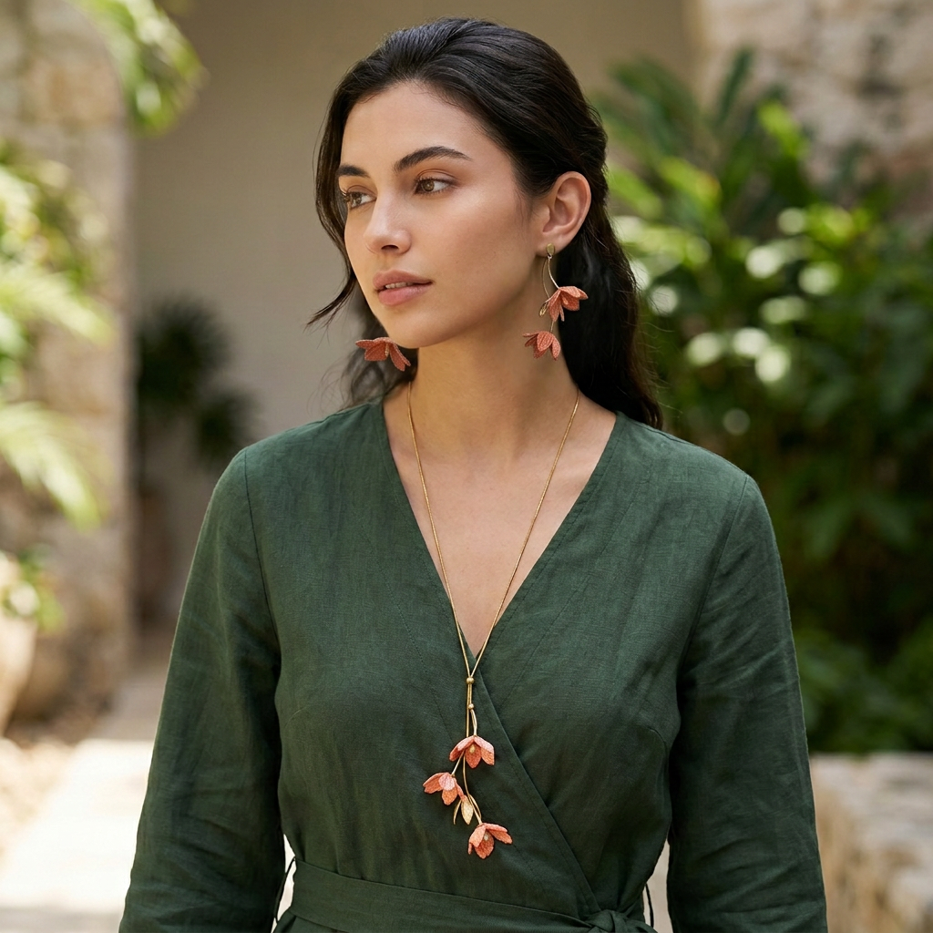 Woman in a green dress wearing coral Tiare earrings and lariat necklace standing outdoors.