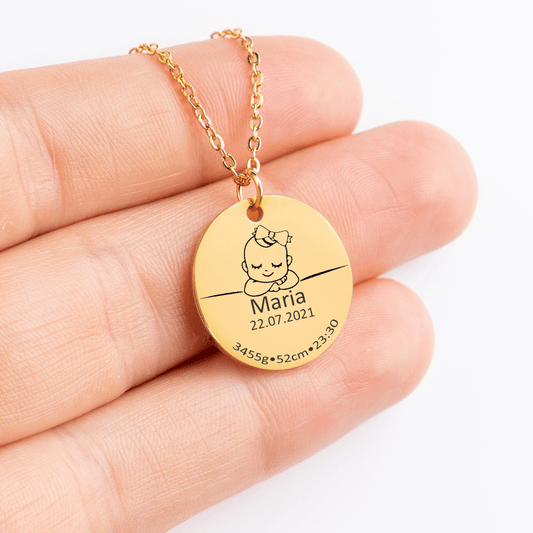 Hand displaying Baby Birth Details Necklace - Bijouxelry