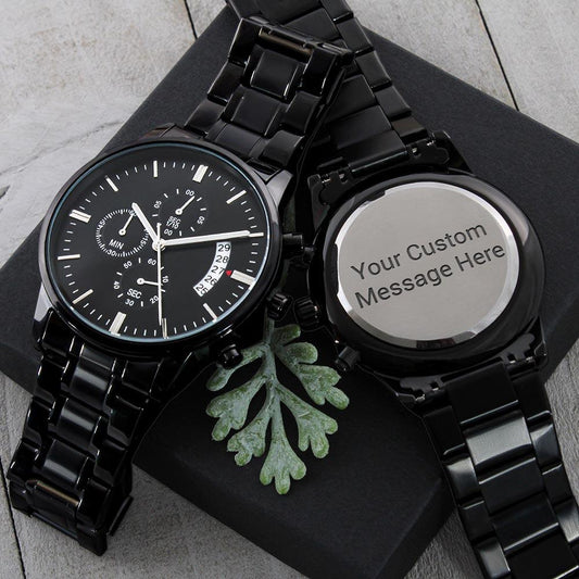 A personalized gift that can withstand constant use, this Customizable Engraved Black Chronograph Watch is the perfect gift for all the special men in your life.