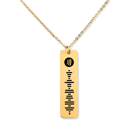 This image shows the custom Spotify necklace in gold. Spotify pendant can be further customized by adding an engraved message on the back.